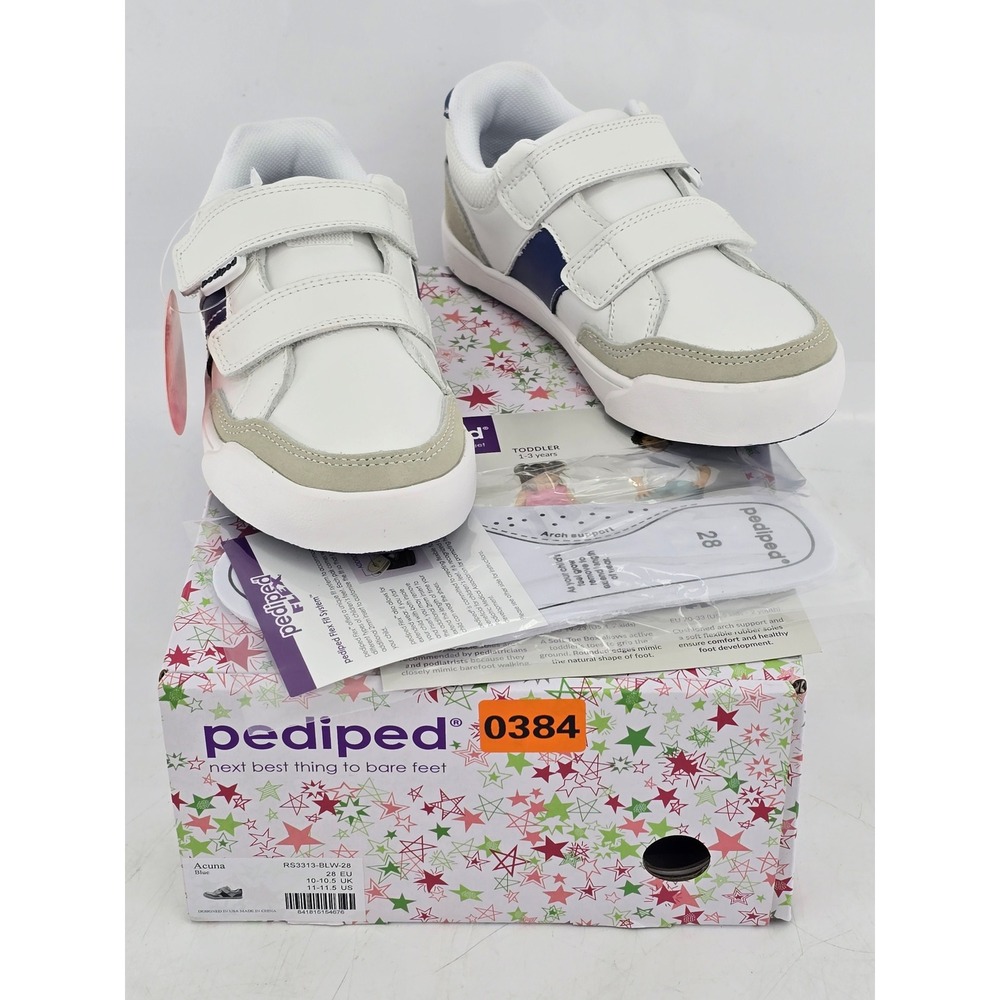 Pediped Acuna Flex Sneakers Toddler 11-11.5 White Blue Hook‎ Loop -New
